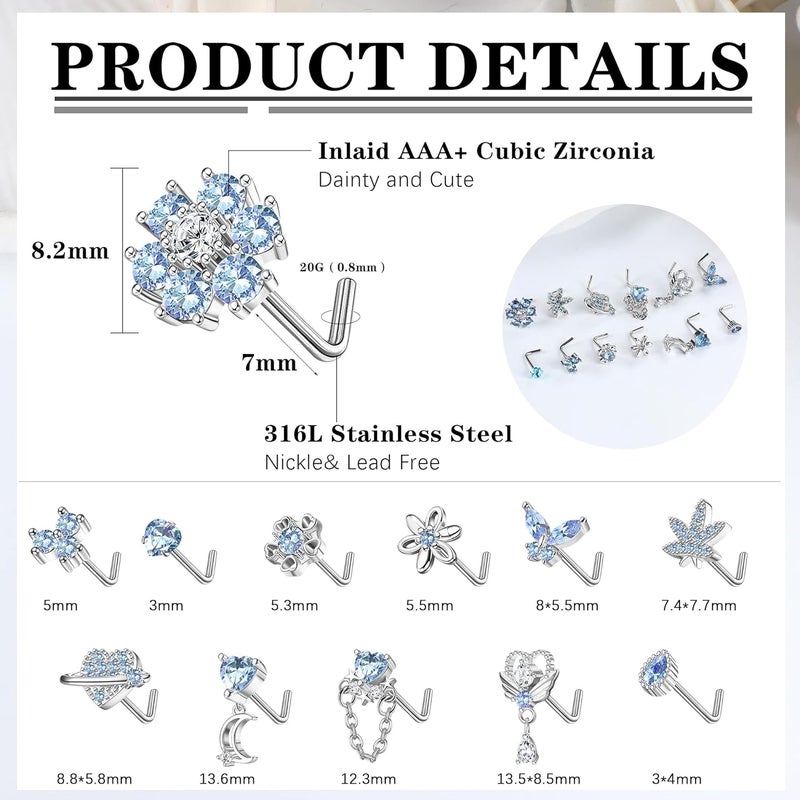 Sanfenly 12 PCS 20G Nose Rings Surgical Stainless Steel, L Shaped Nose Studs for Women Men, CZ Heart Butterfly Flower Leaf Moon Dangle Cute Nose Piercings Studs Screw Jewelry Pink/Purple/Blue/Clear - Image 5